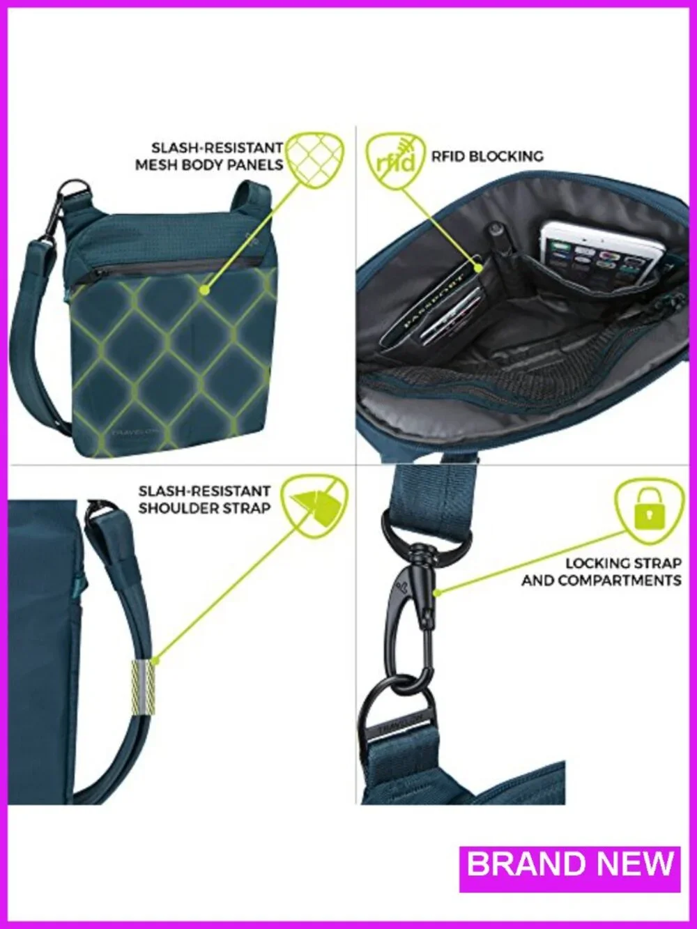 Anti-Theft Crossbody Bag RFID Blocking Travel Purse with Organizer Adjustable